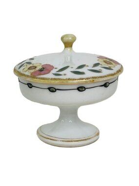 Antique Nippon Trinket or Ring Dish Hand Painted Porcelain Footed w/ Lid 3"